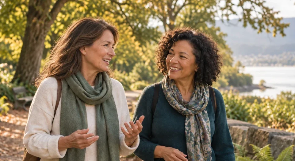 Two friends talking while walking along a leafy lakeside path.